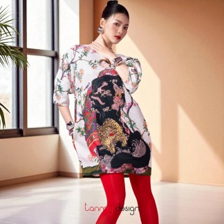 Đầm cocoon tay lồng đèn vải gấm in Phụ Nữ đen trắng